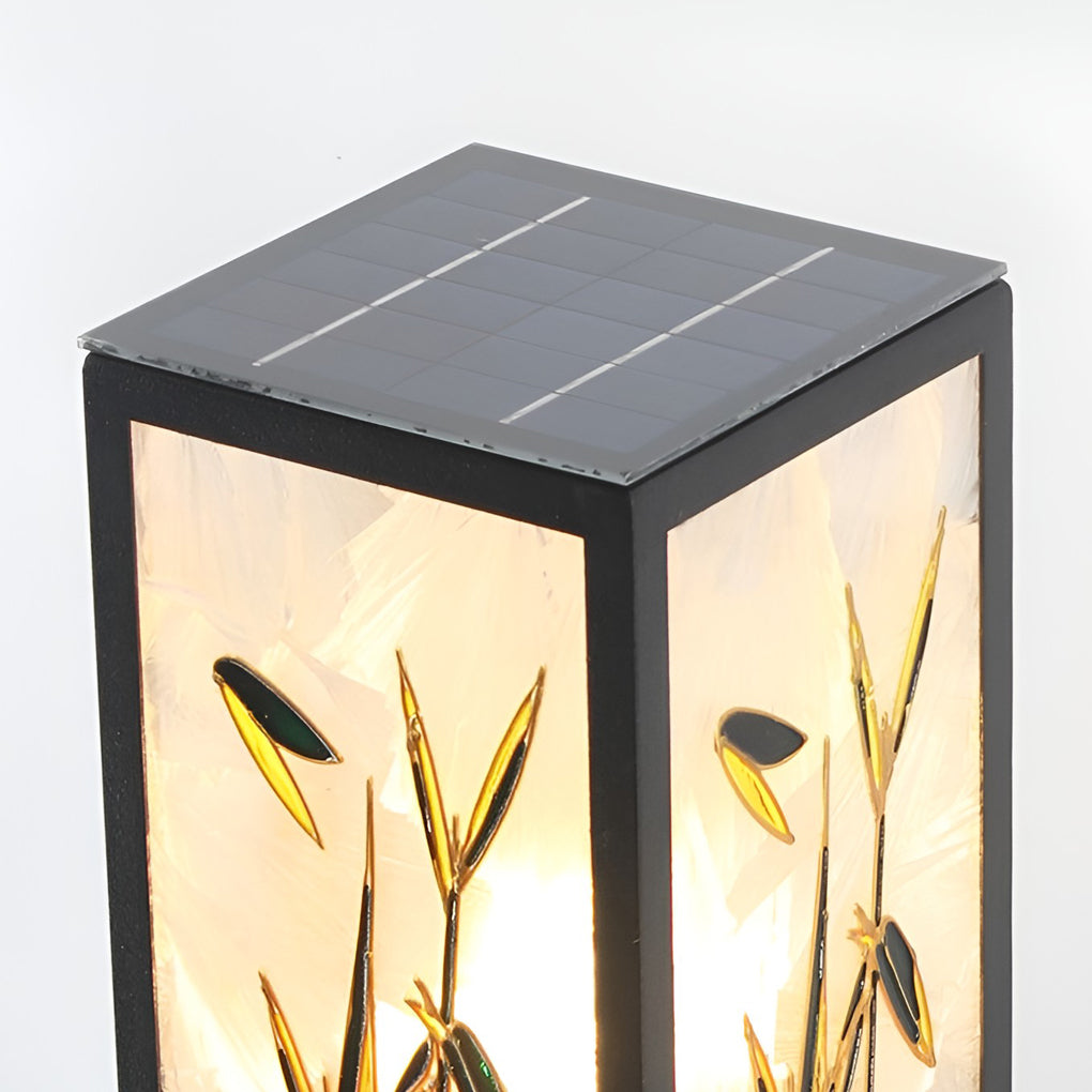 Bollard pathway lights with top view showing solar panel and structure.