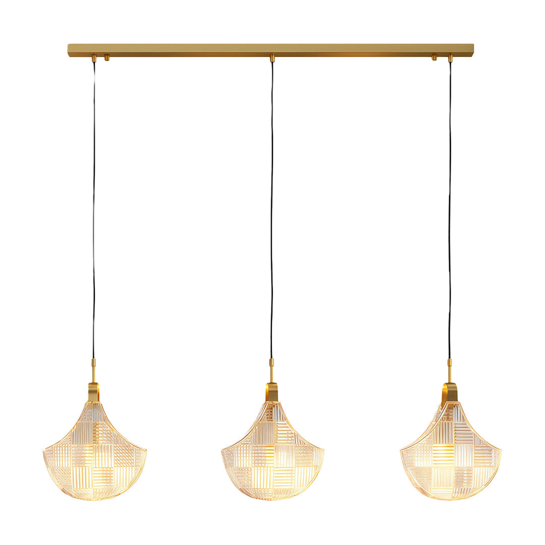 Modern luxury shell chandelier light with brass bar and three hanging shell glass pendants.