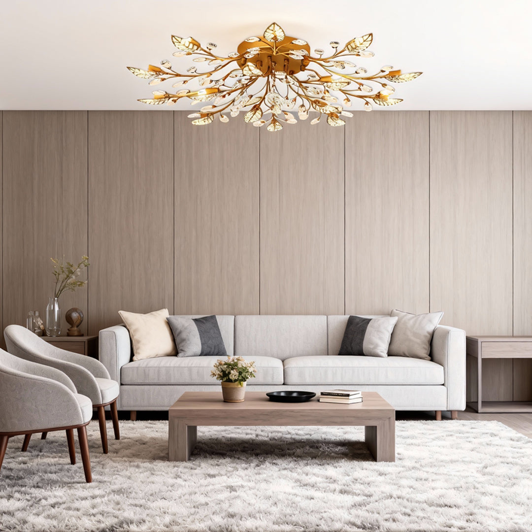 Close-up of brass canopy and mounting hardware on a modern branch chandelier.