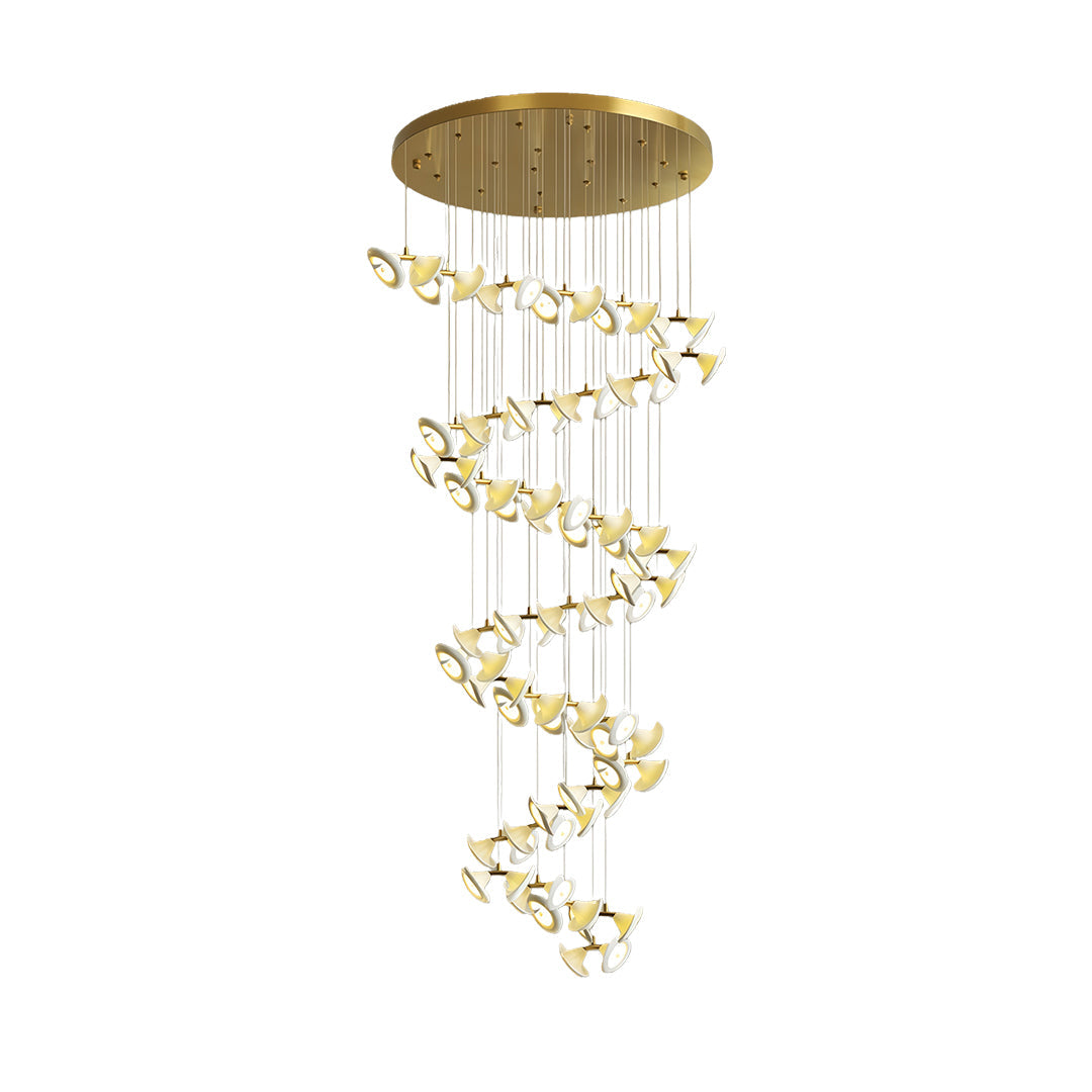 Modern brass ceramic chandeliers lighting up a stairwell interior.