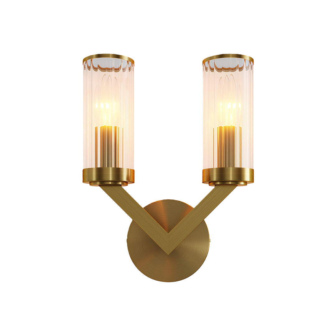 Modern luxury chandeliers style double sconce wall light with brass and cylindrical glass shades.
