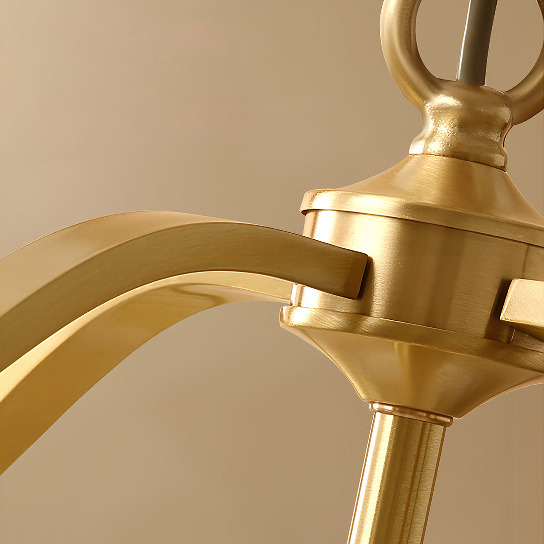 Angled perspective of brass semi flush mount ceiling light showing ornate brass mounting and hardware detail