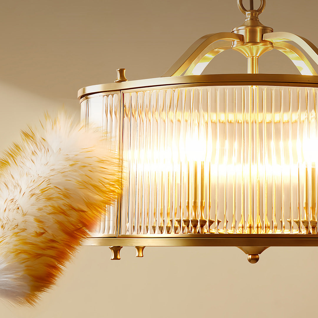 Close-up bottom view of brass semi flush mount ceiling light displaying crystal rod details and brass frame
