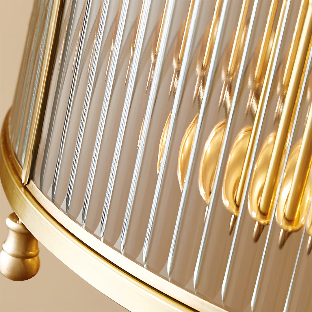 Detailed view of brass semi flush mount ceiling light showing intricate crystal curtain and staircase reflection