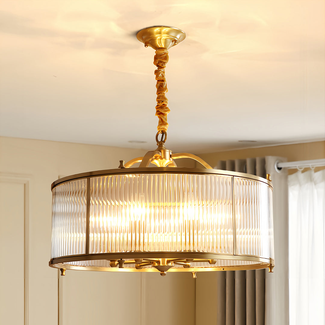 Brass semi flush mount ceiling light creating warm ambiance in contemporary room with beige tones
