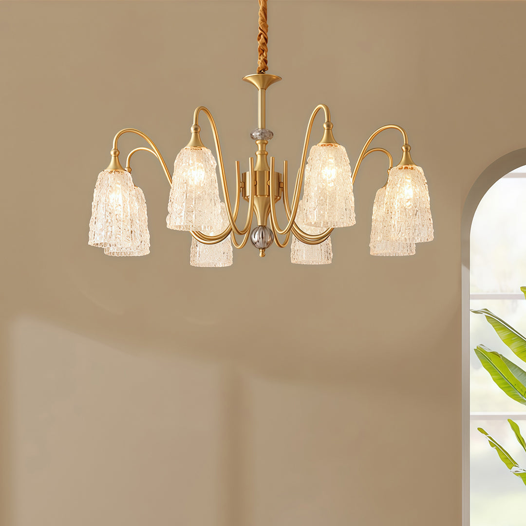 Add timeless elegance to your space with a brass vintage chandelier and ornate classic glass ceiling lights for a refined atmosphere.