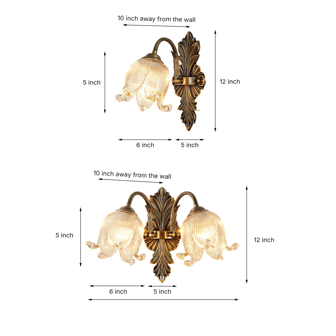 Size comparison chart displaying three brass wall lights with ornate backplates and glass shades