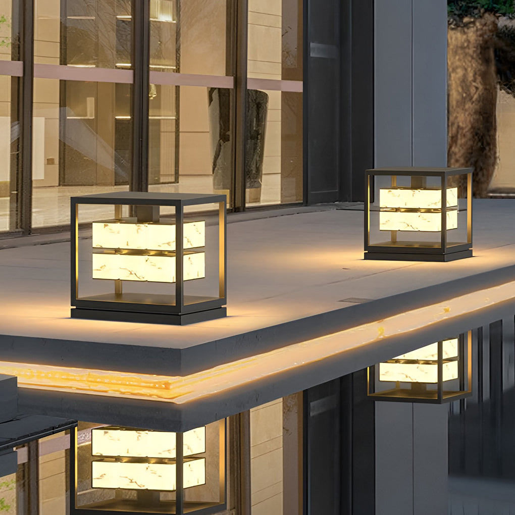 Brick pillar solar light illuminating patio deck area