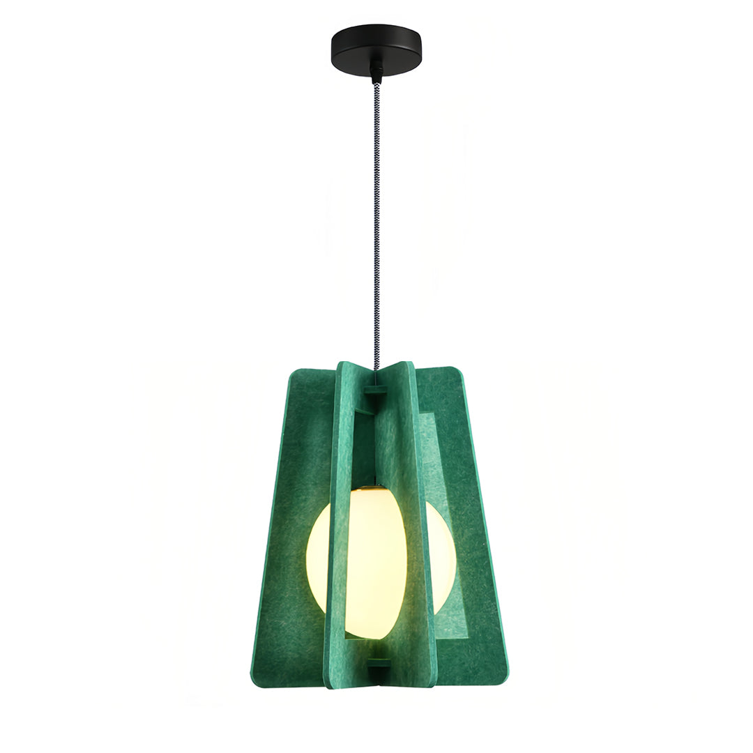 Bright green felt fun pendant lights with a geometric sculptural shade, perfect for modern acoustic design.