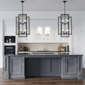 Black industrial vintage pendant light hanging in a bright living space, complementing modern decor.