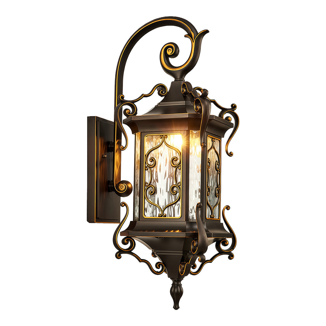 Bronze outdoor wall sconce lights with artistic curves and transparent glass shade.