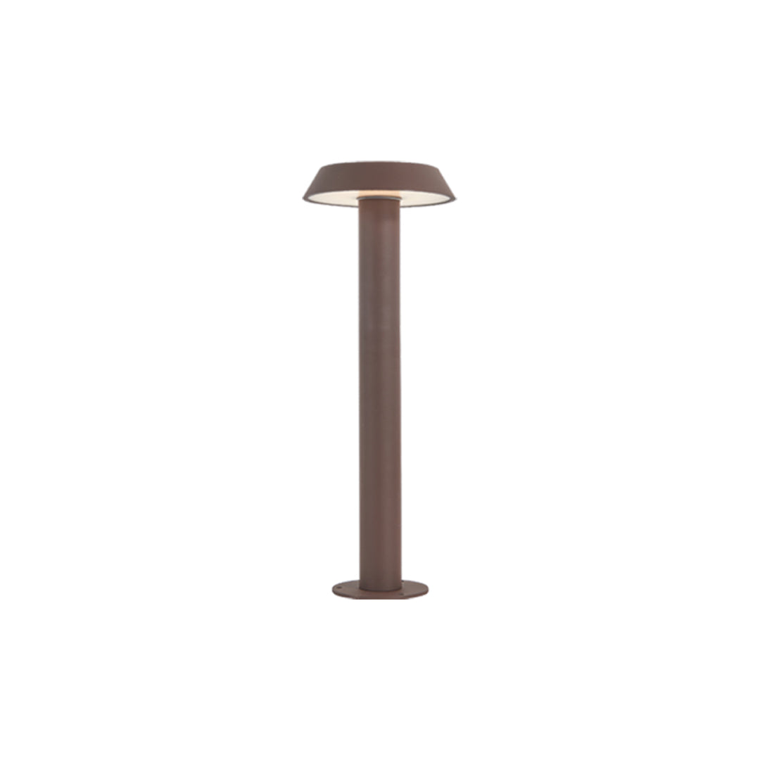 Bronze cylindrical path lighting LED fixture with a flat round top shown against a white background.