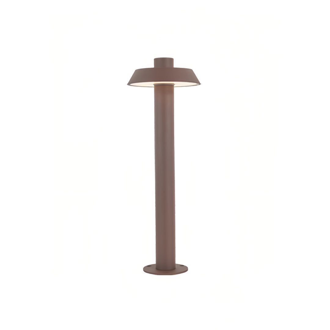 A bronze-finished aluminum path lights design featuring a flat circular top and minimal outdoor silhouette.