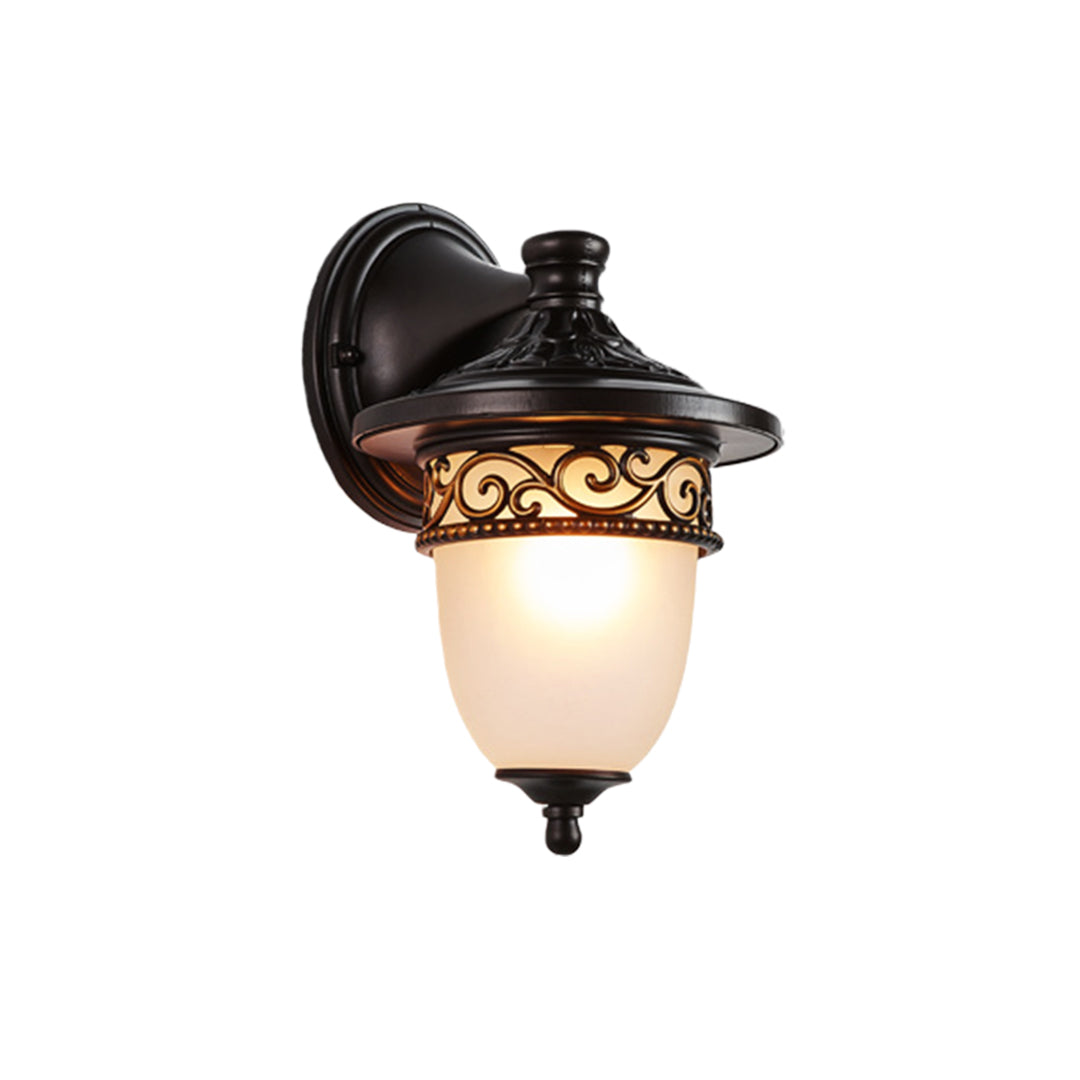 Vintage wall lights outdoor featuring bronze finish and frosted glass shade.