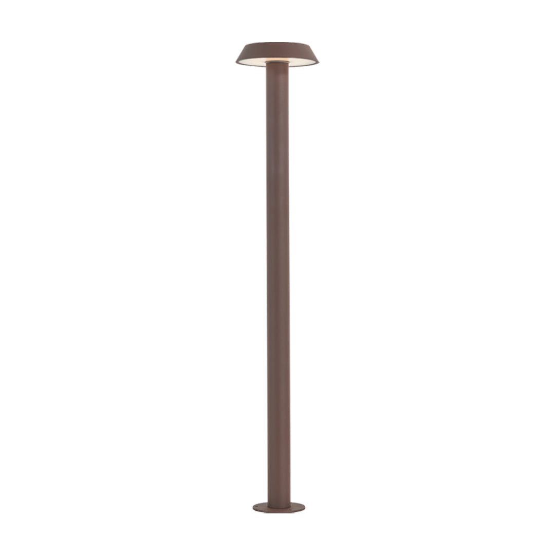 Slim brown vertical path lighting LED fixture featuring a simple geometric shape and a round top.