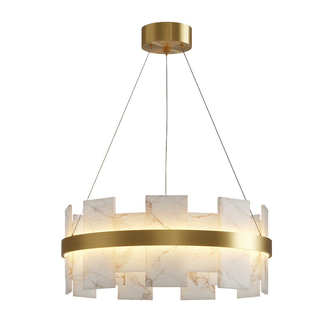 Modern luxury chandeliers with brushed brass ring and geometric frosted acrylic panels