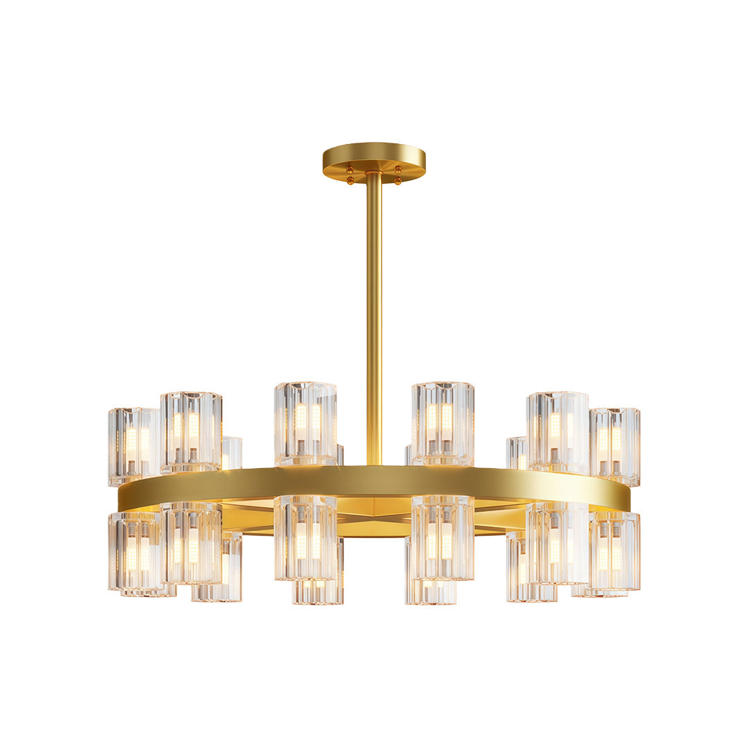 Modern luxury crystal chandeliers with brushed brass and rectangular clear glass cylinder design.
