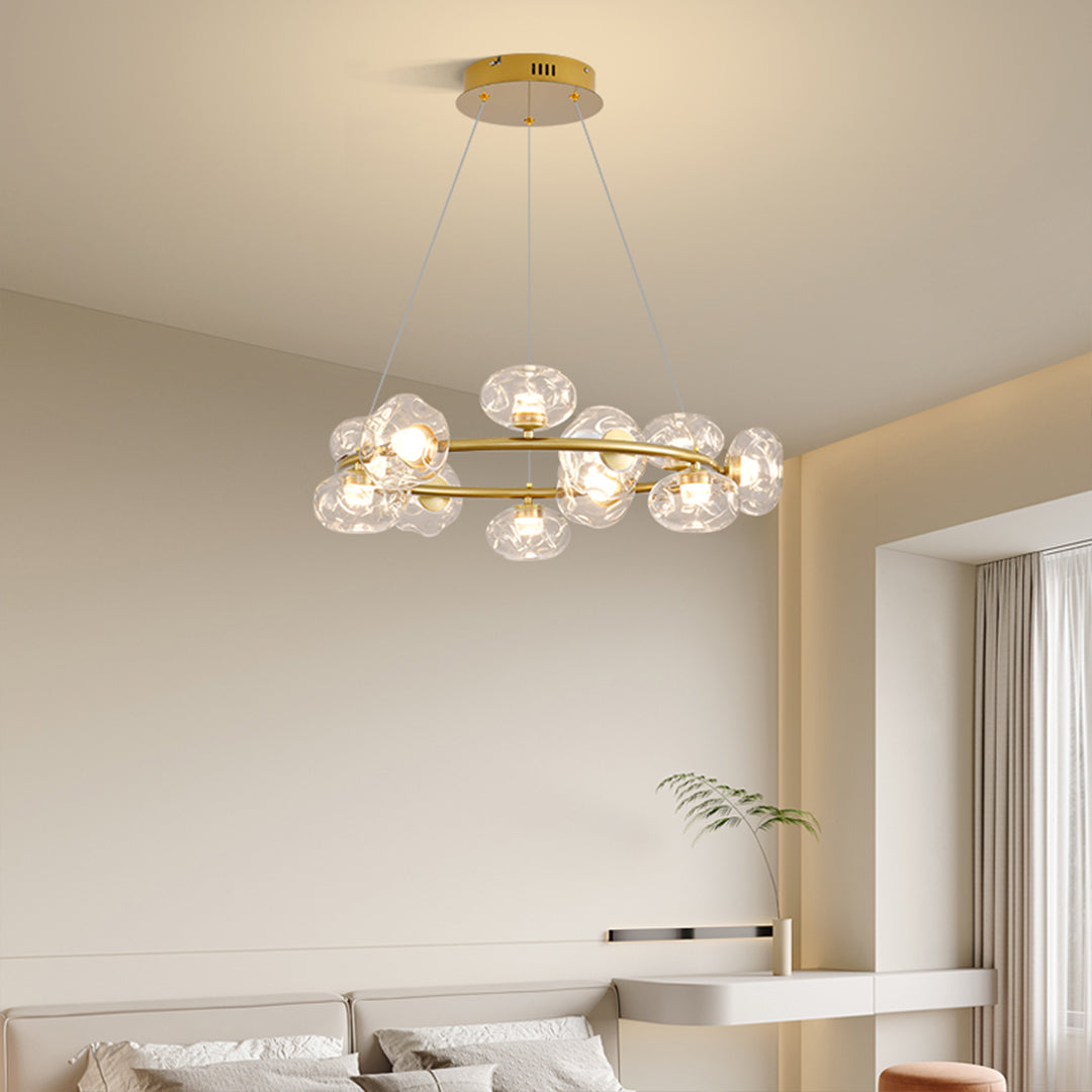 Bubbles chandelier illuminating contemporary living room with warm ambient glass sphere lighting