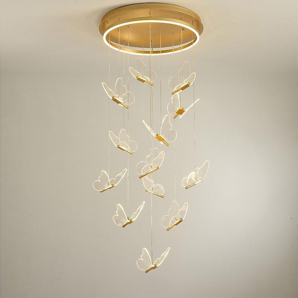 Gold ceiling canopy and suspension system of a butterfly chandelier.