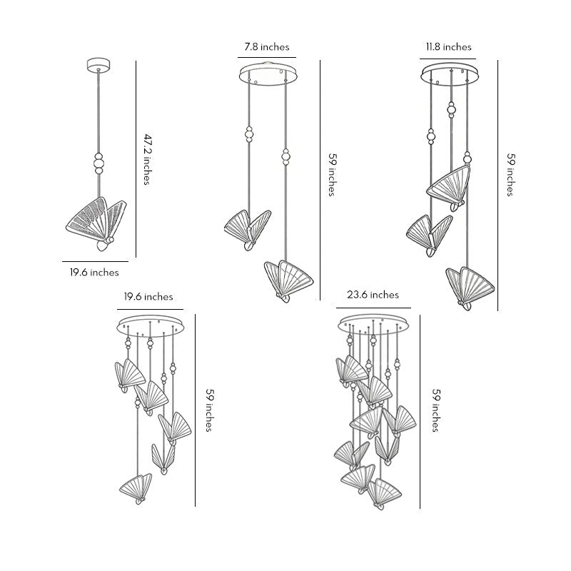 Technical dimension drawing illustrating installation size of butterfly pendant light.