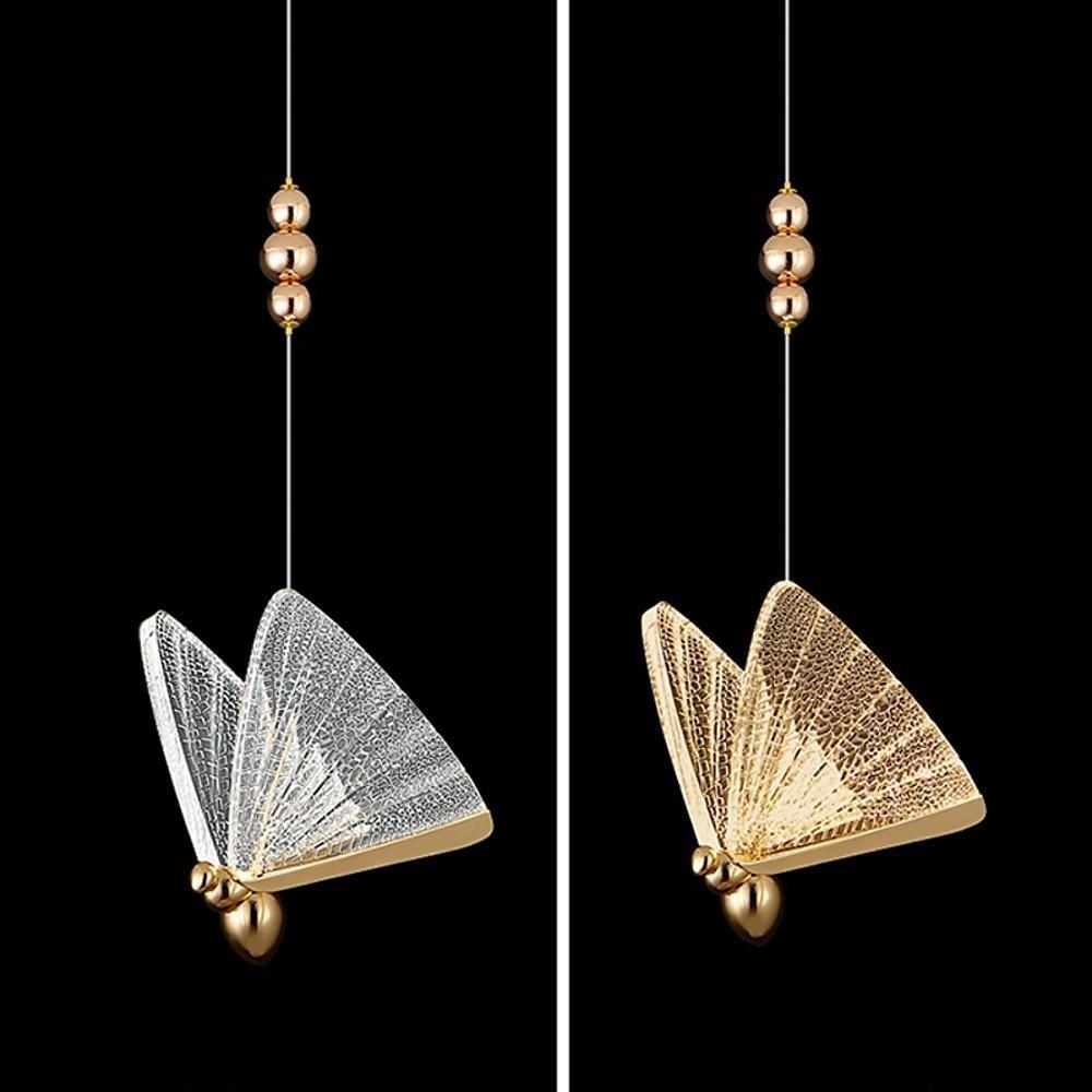 Butterfly pendant light product image showing clear and amber glass wing options.