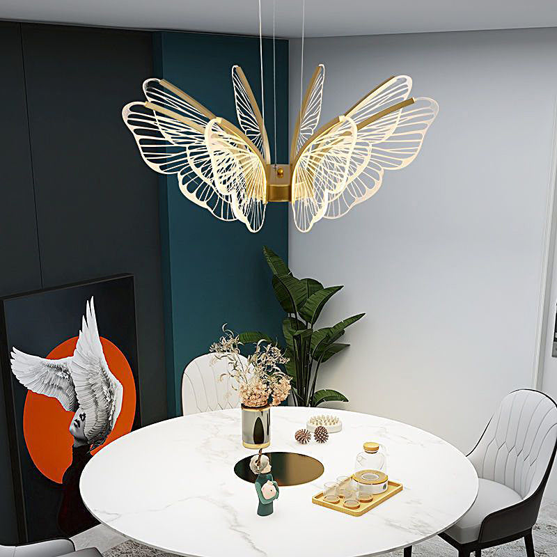 Butterfly pendant light illuminating a stylish living room with ambient light.