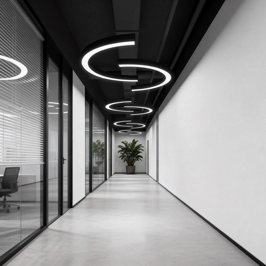 C shape ceiling pendant light used in minimalist corridor with black ceiling design.