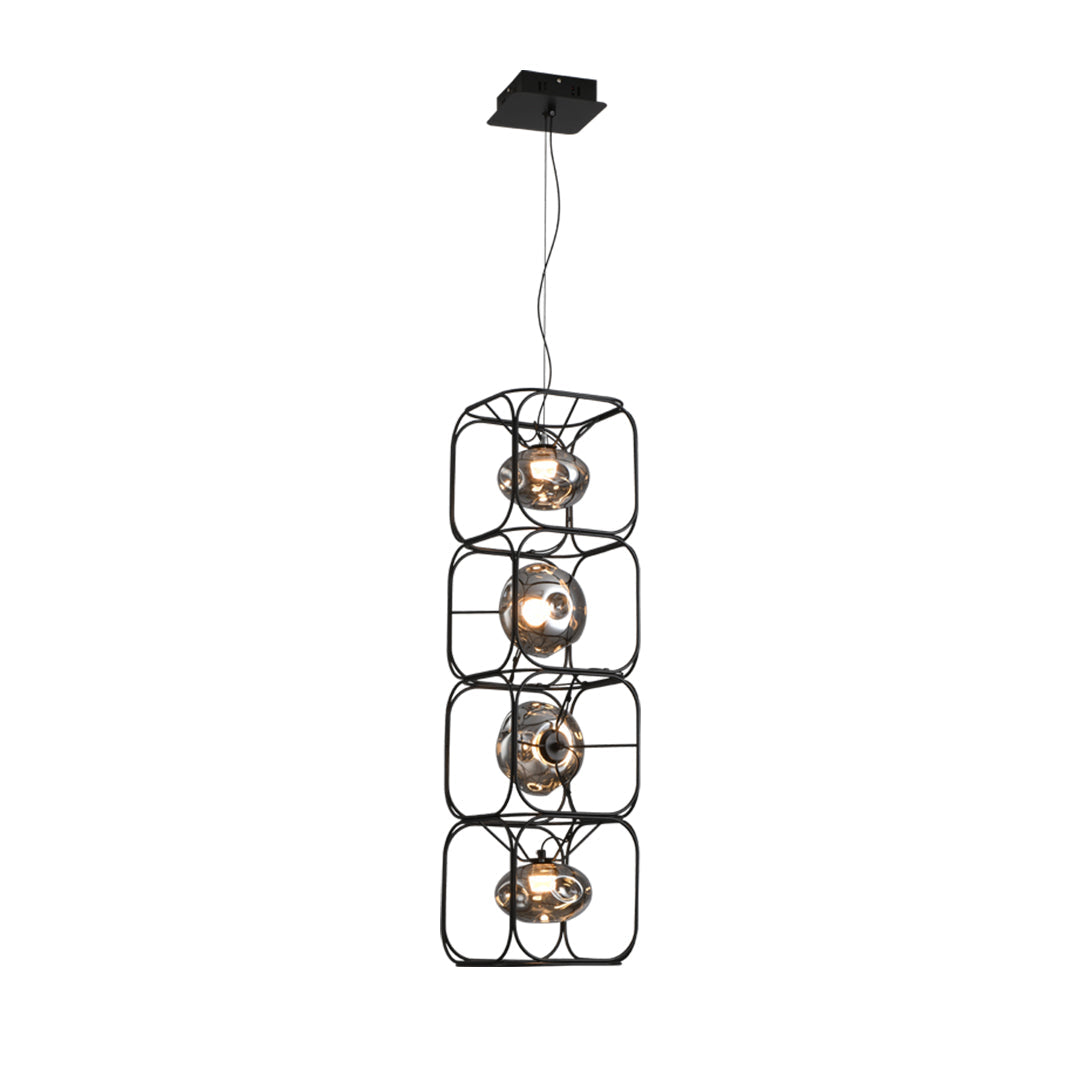 Four light caged pendant light hanging system shown on white background, suitable for statement interior lighting.