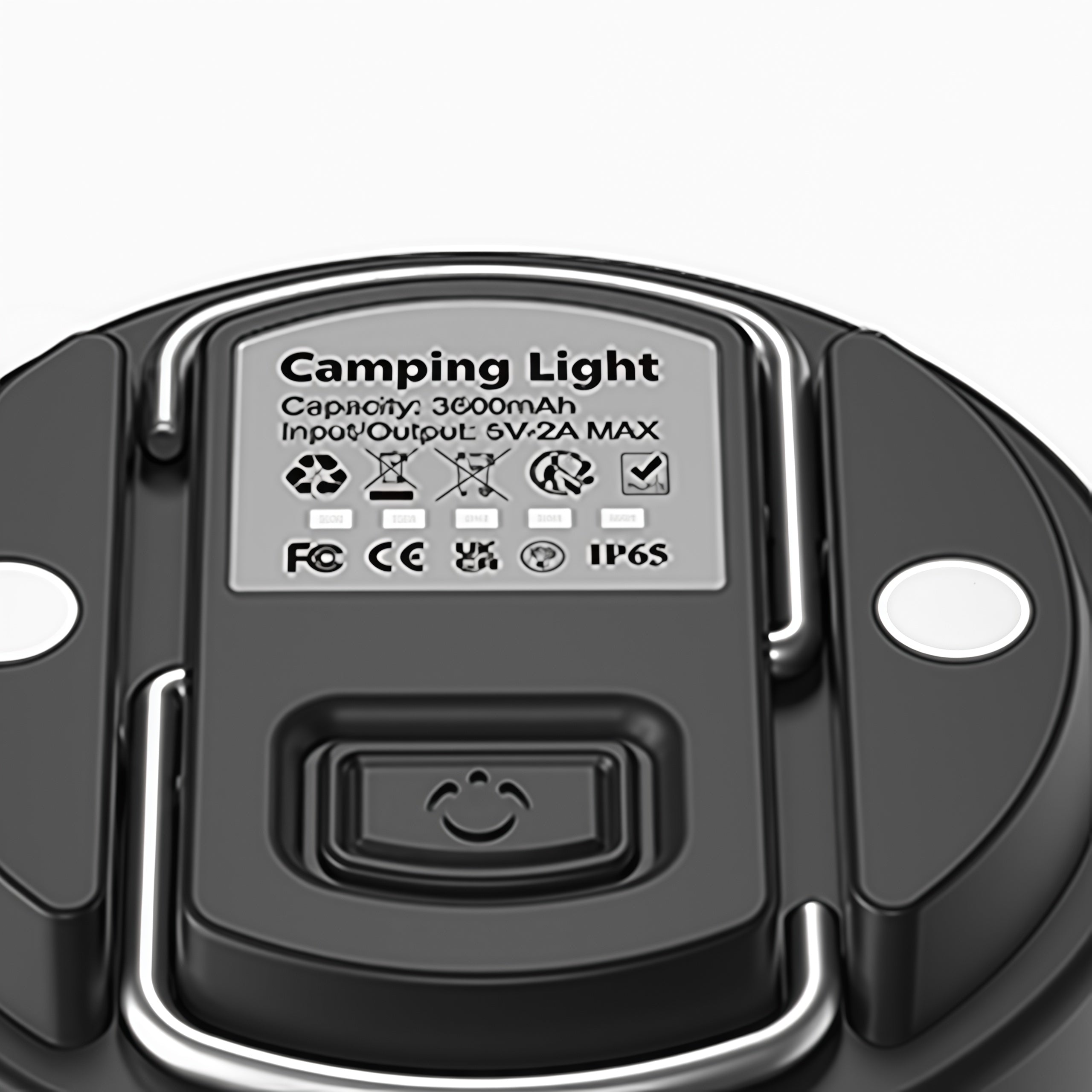 Close-up view of camping light control panel showing power settings and technical specifications