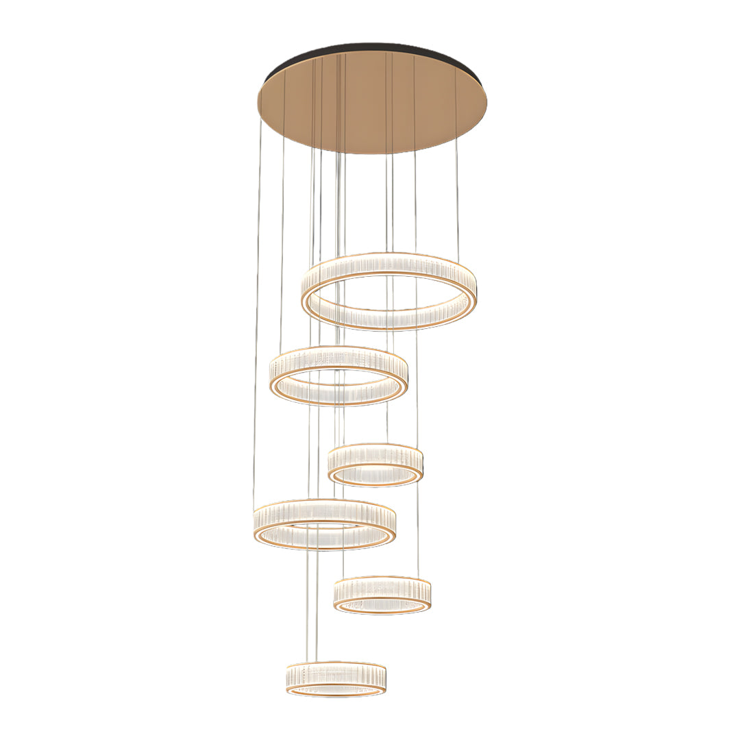 Cascading large crystal chandeliers displaying vertical arrangement of decreasing circular rings with crystal glass accents