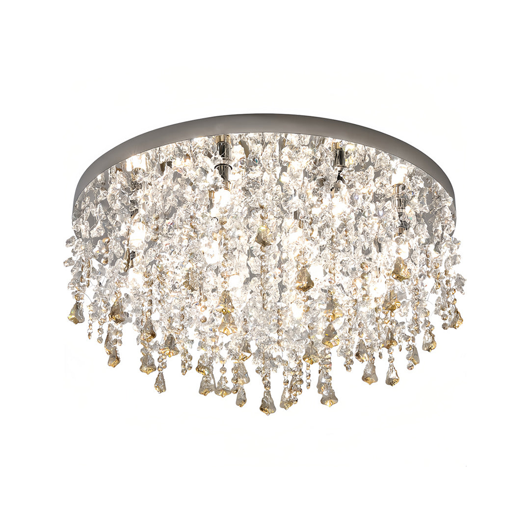 Unique crystal chandelier with cascading teardrop crystals and champagne gold accents on chrome base