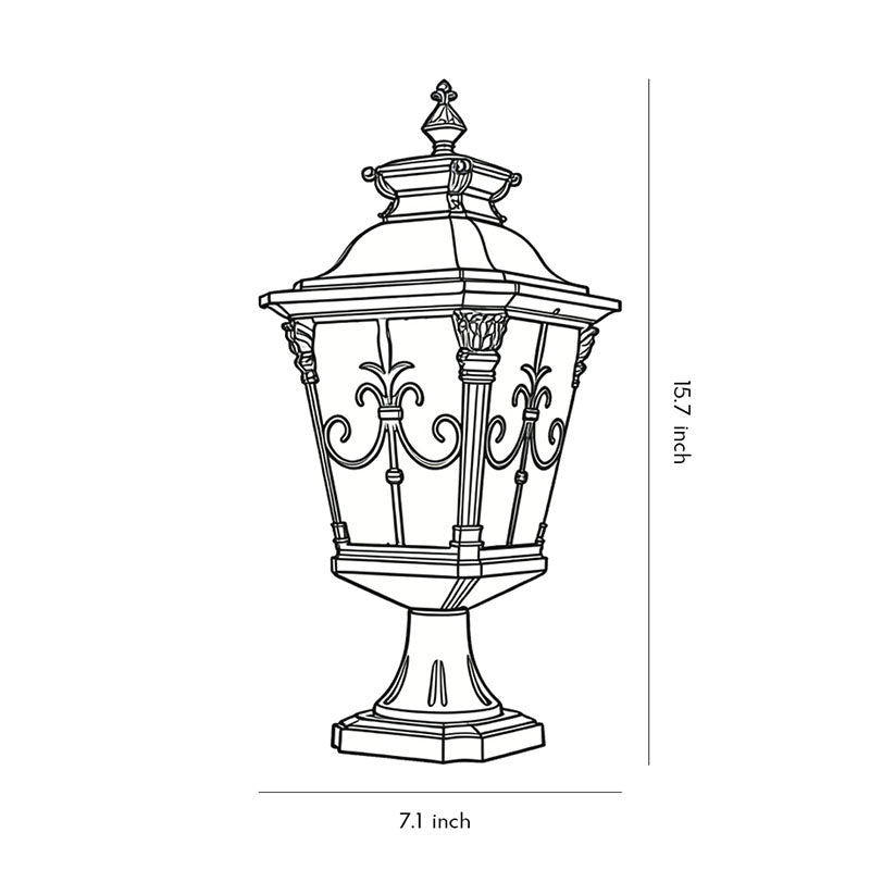 Cast aluminum post light with bronze finish and frosted glass, providing soft lighting for a front yard.