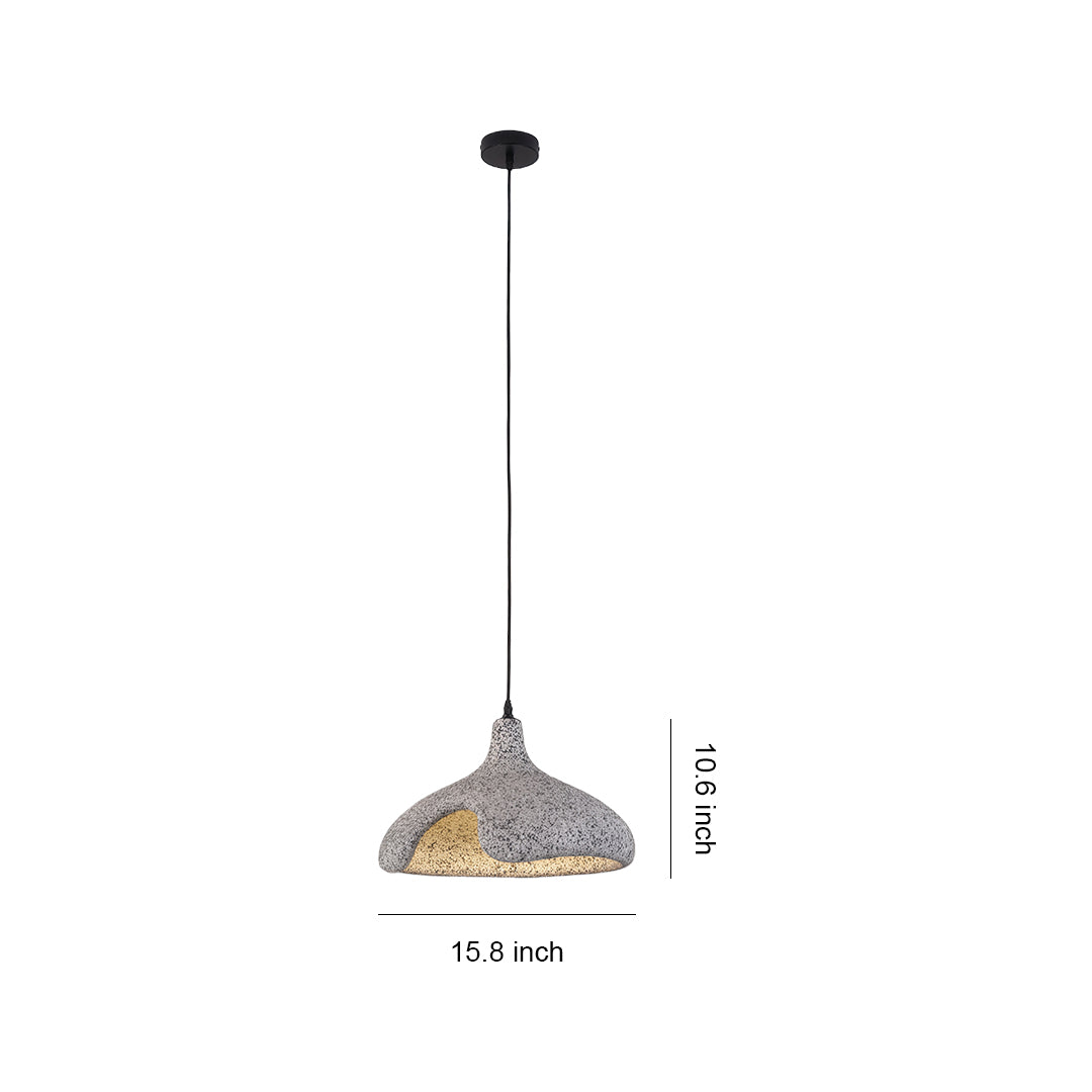 Cement pendant light with handcrafted gray texture and organic curved shape, minimalist modern design.
