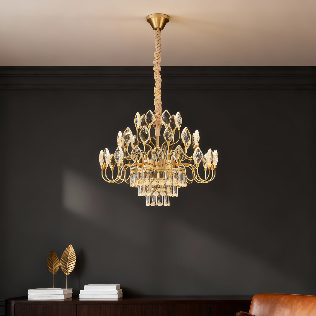Classic ceramic crystal led chandelier above a contemporary wooden dining table.