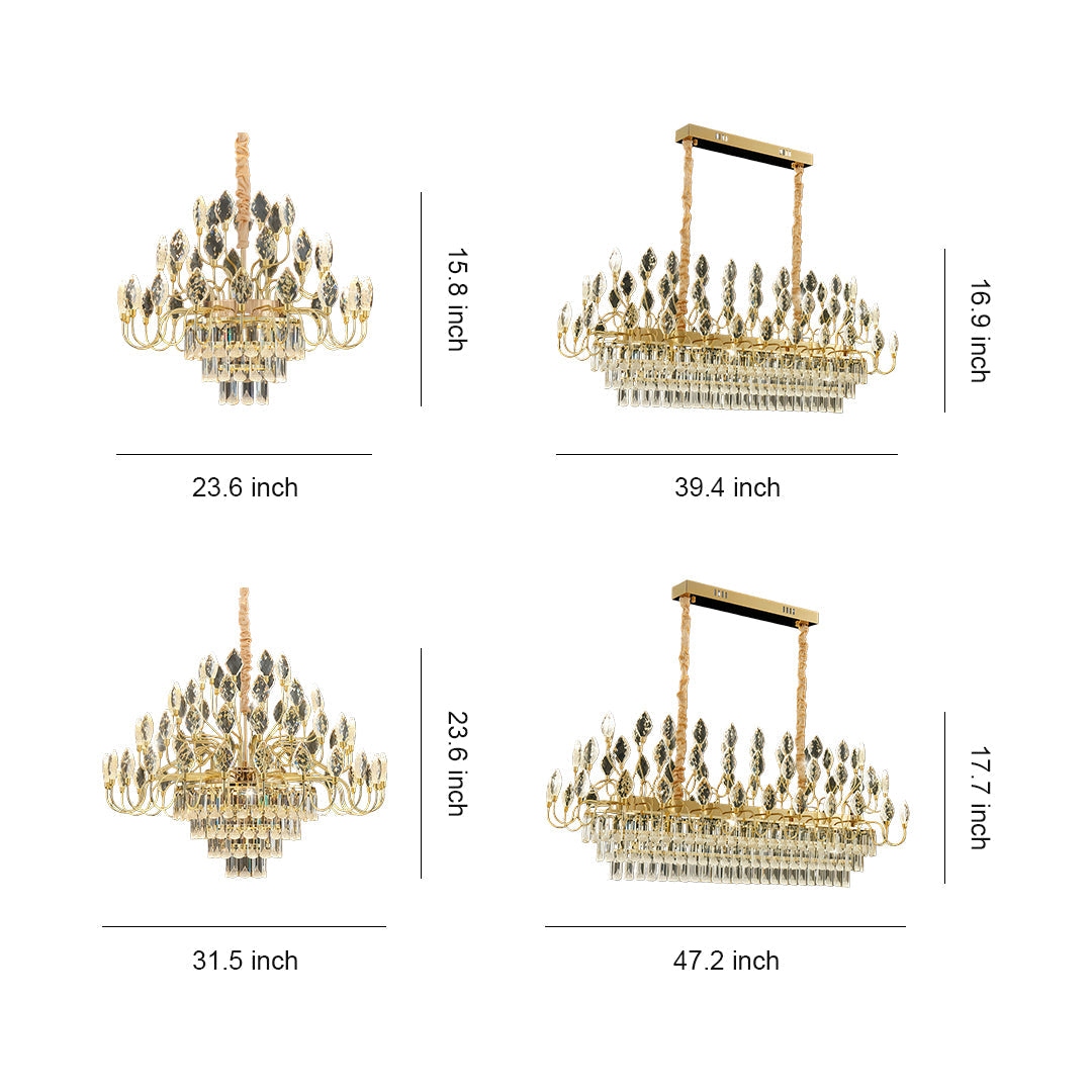 Ceramic crystal led chandelier size guide showing multiple dimensions.