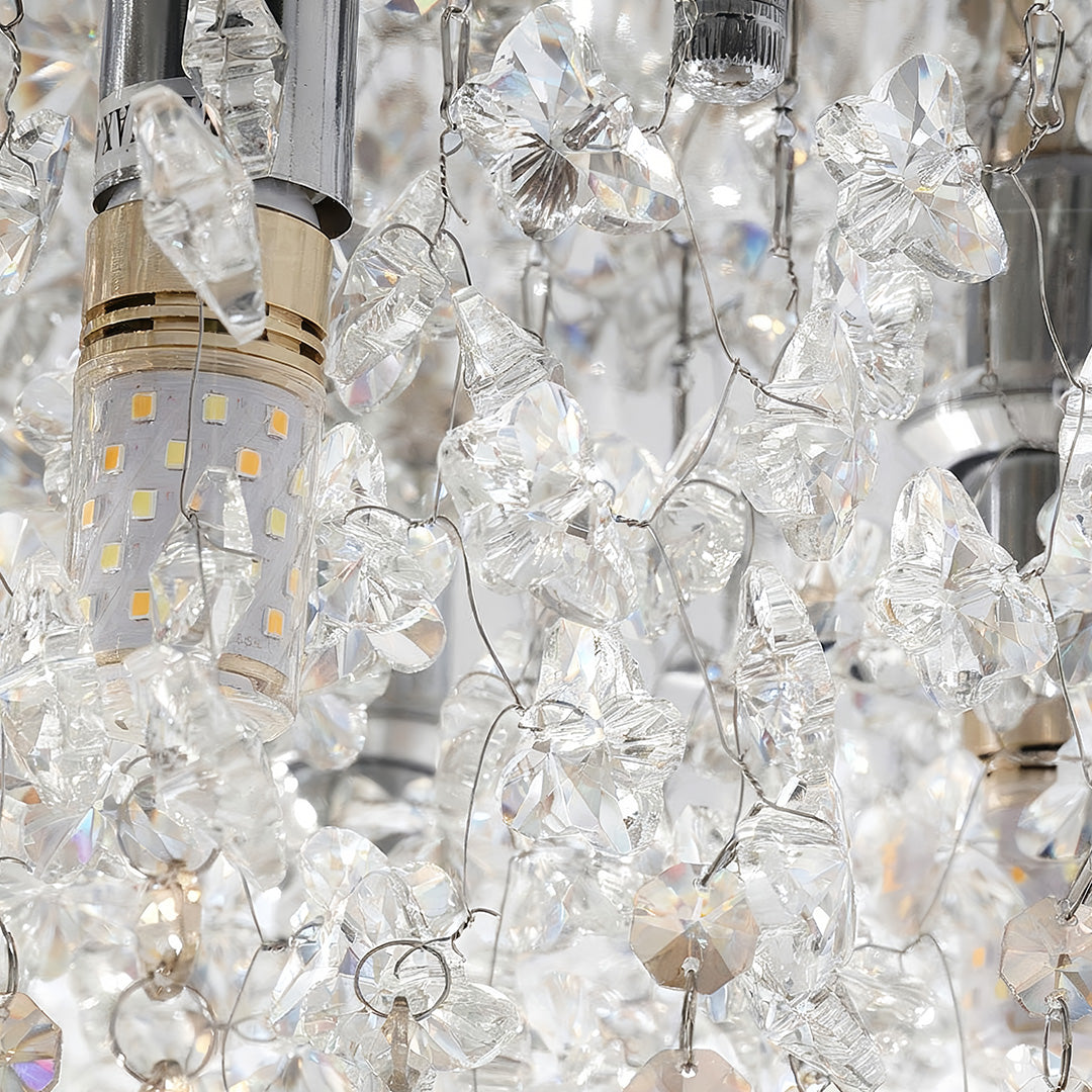 Close-up detail of unique crystal chandelier showing champagne and clear crystal bead texture