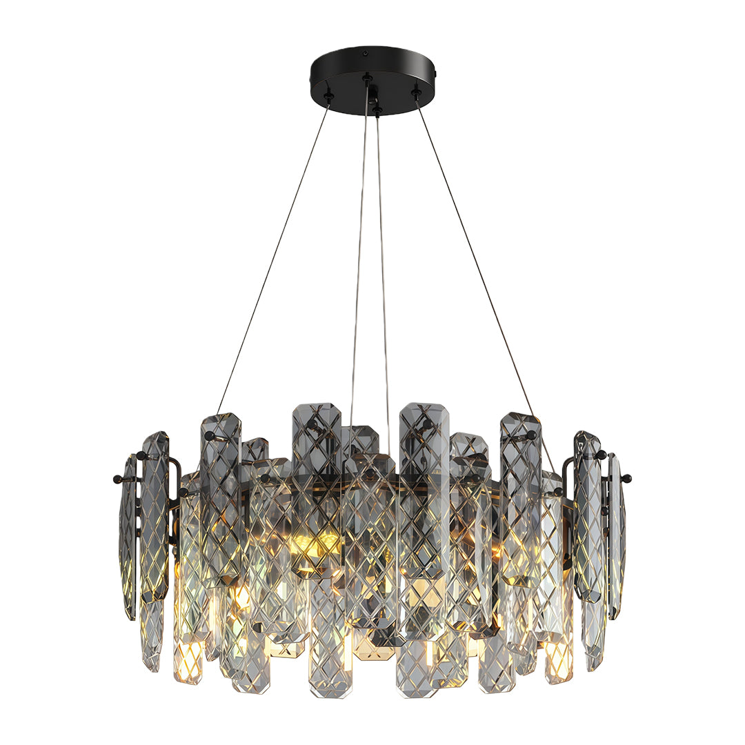 Contemporary crystal chandeliers with champagne gold finish and layered crystal design.