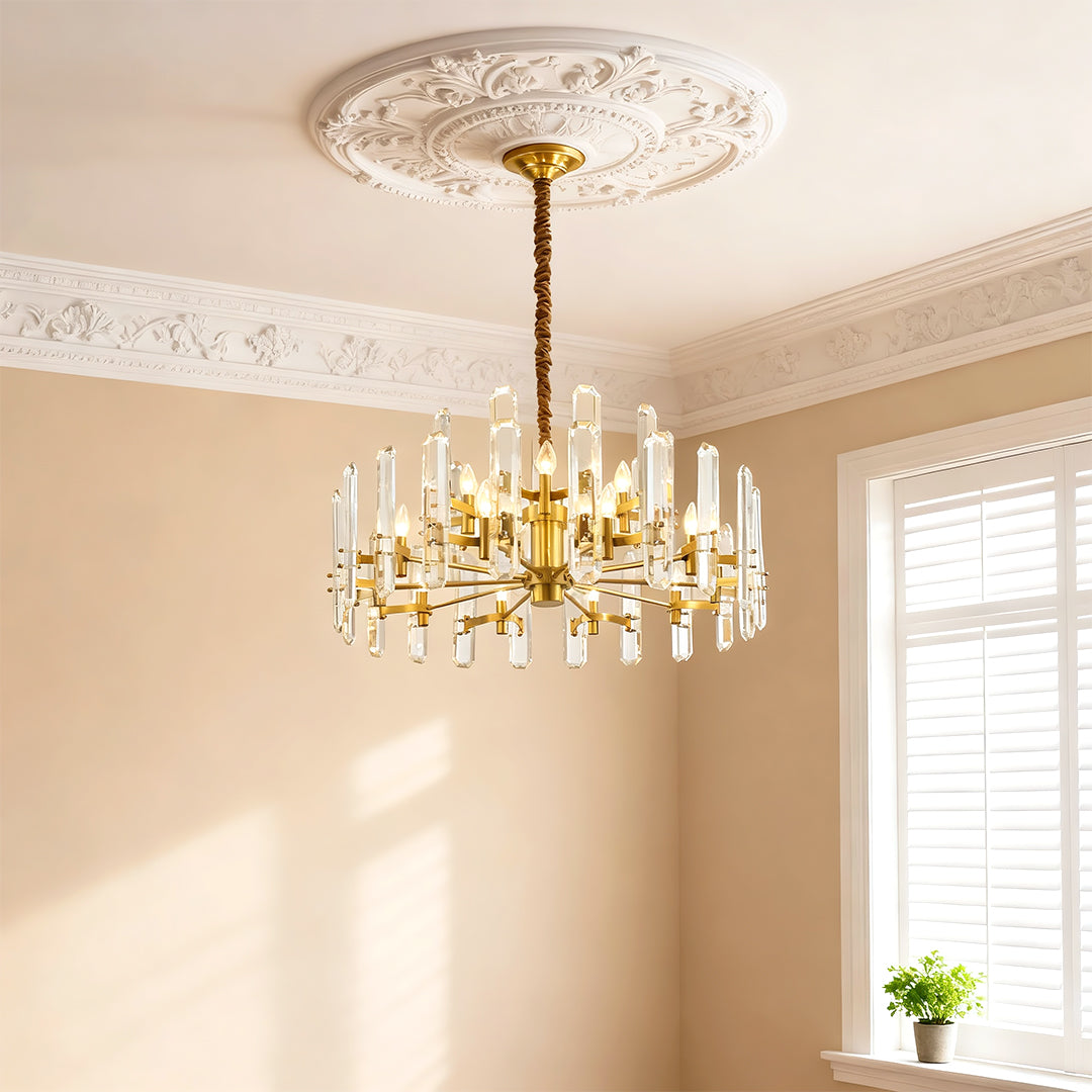 Modern luxury chandeliers enhancing bright dining room with white walls and large windows