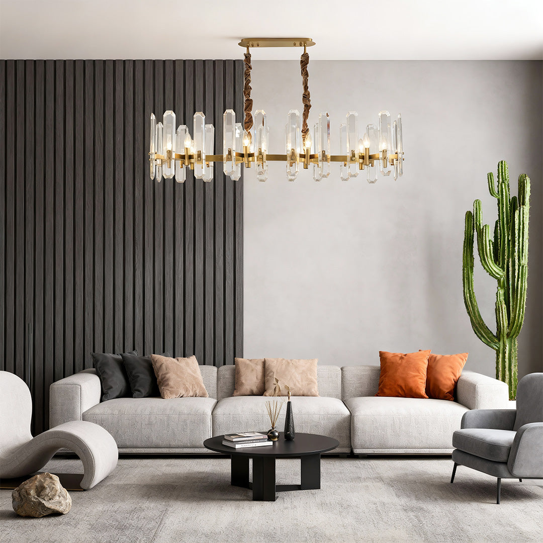 Chandelier brass modern illuminating contemporary living room with grey sectional sofa