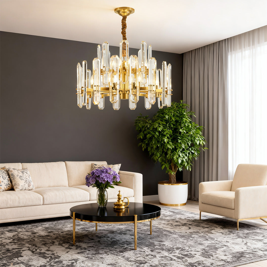 Chandelier brass modern creating focal point in contemporary living room with grey walls