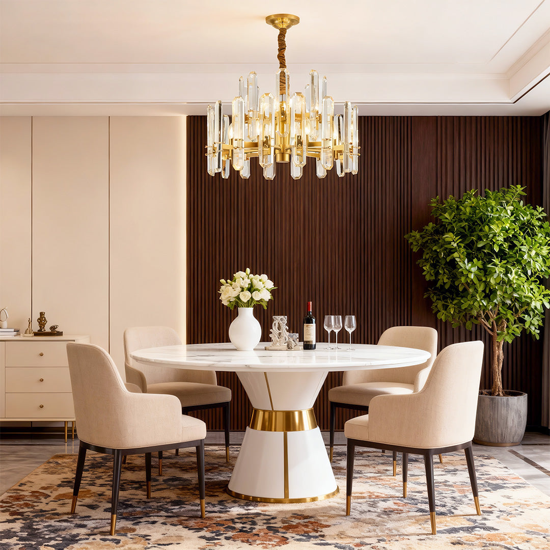 Modern luxury chandeliers illuminating elegant dining room with round table and upholstered chairs