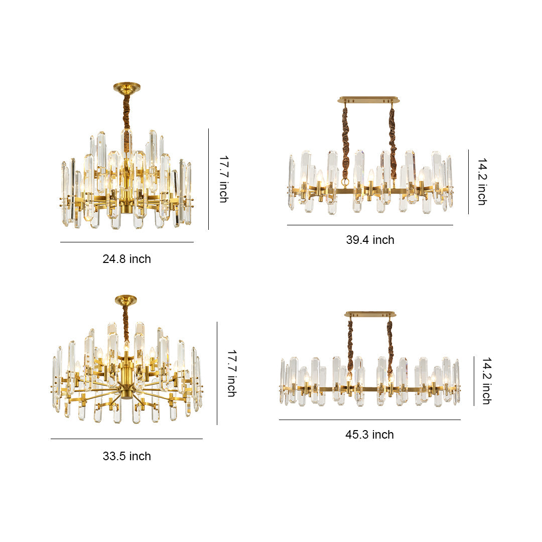 Chandelier brass modern specification diagram showing multiple size and configuration options