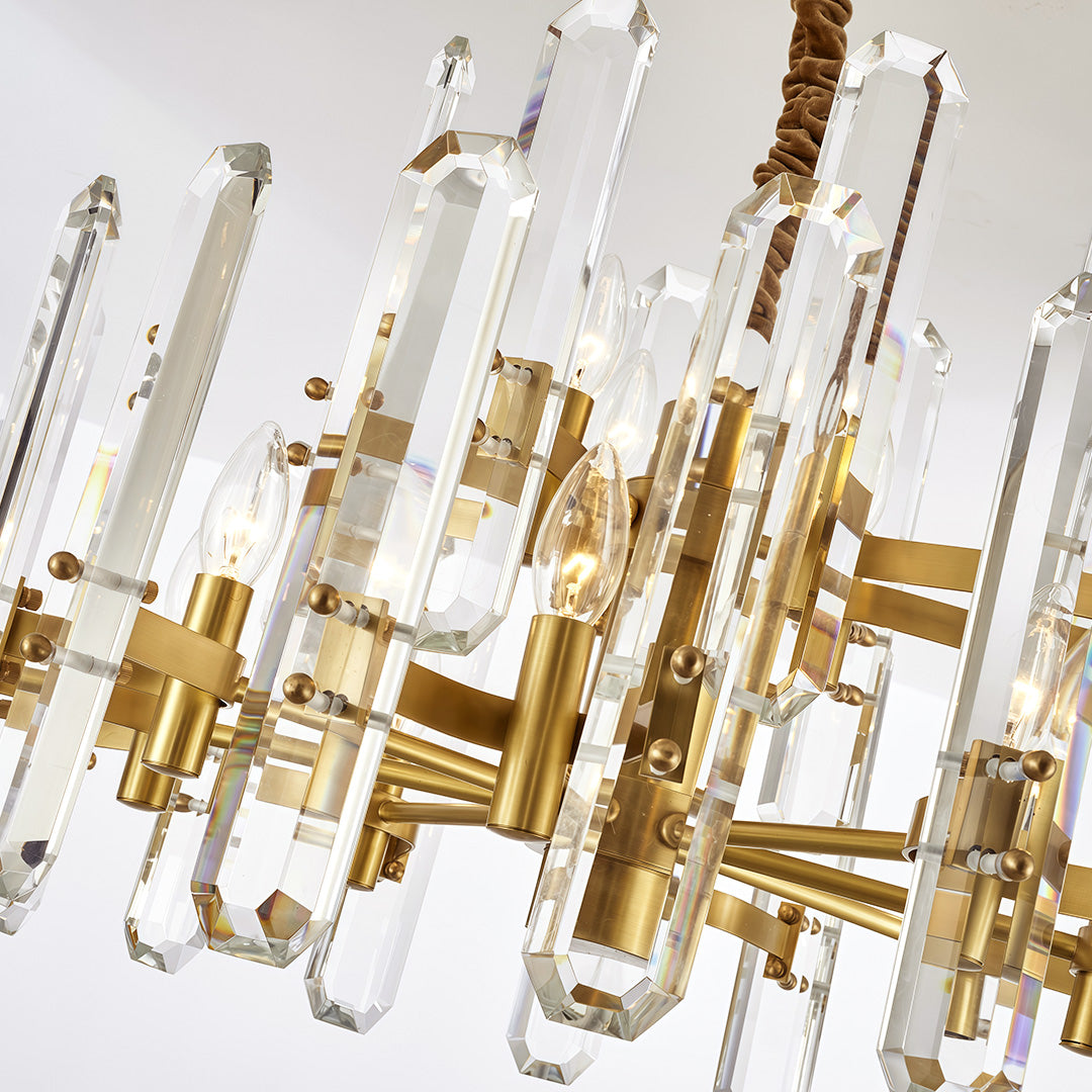 Chandelier brass modern perspective view highlighting geometric brass structure and crystal arrangement