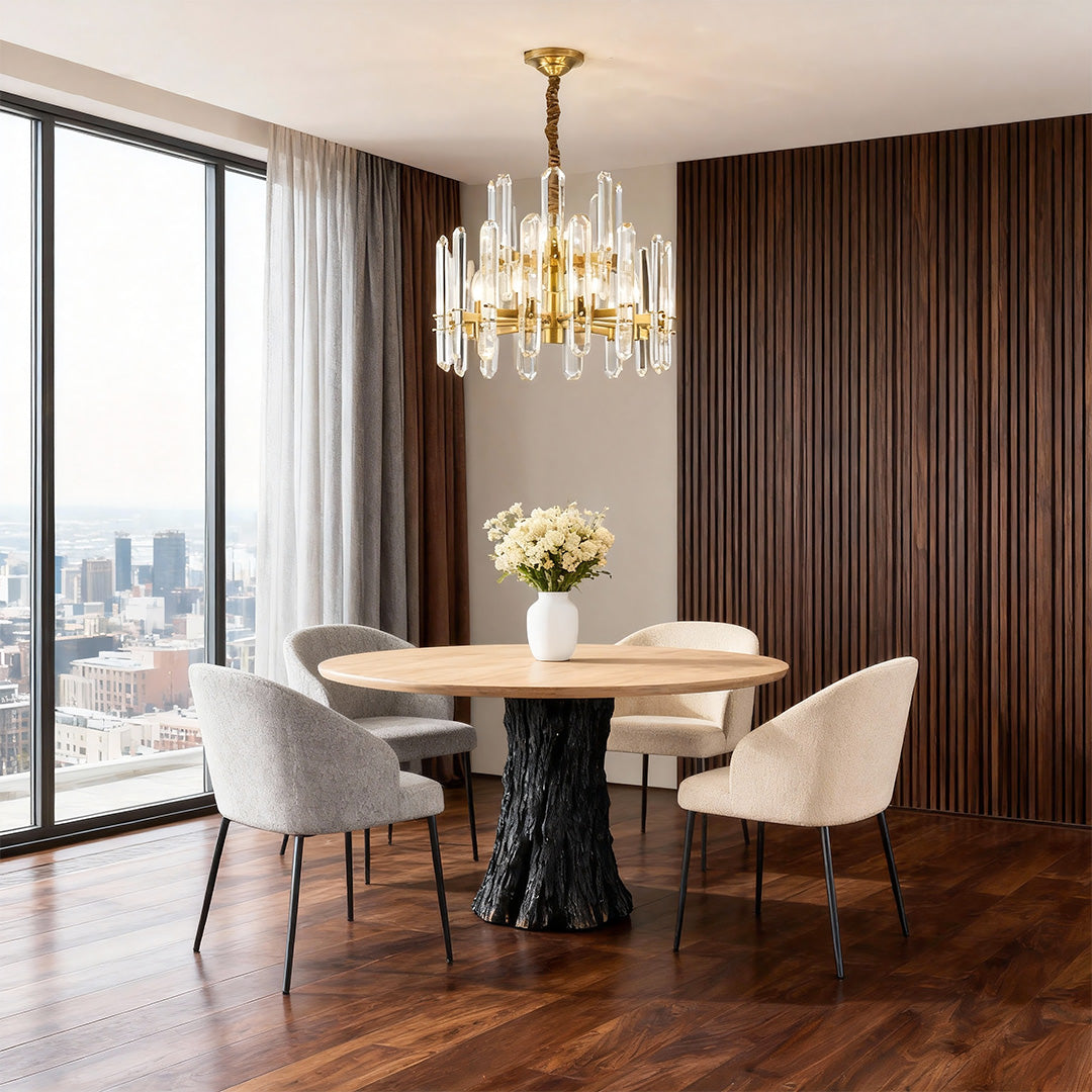 Chandelier brass modern lighting sophisticated dining space with wood paneling and city views