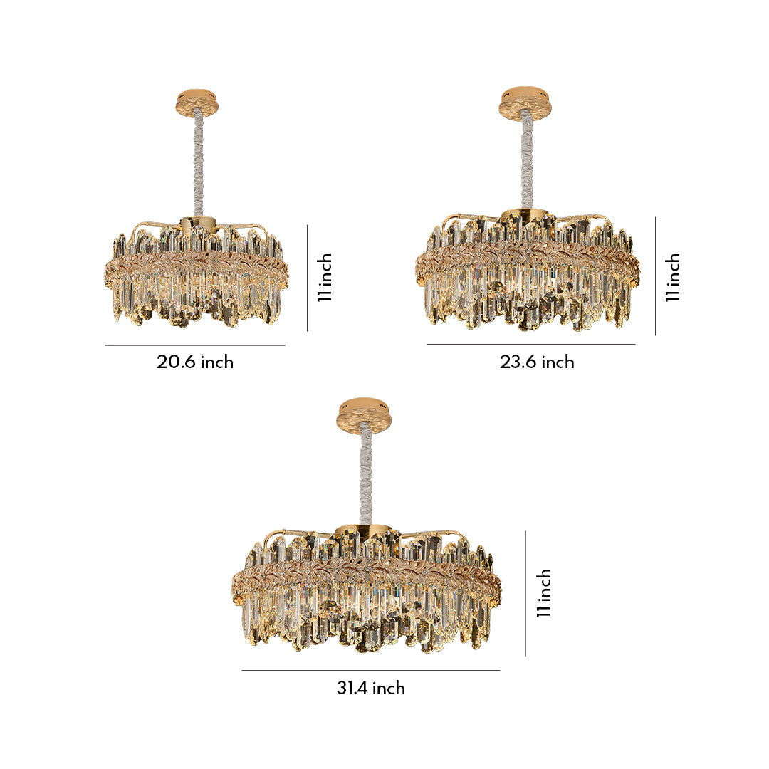 Size chart of chandelier lamps crystal design showing different diameters and heights.