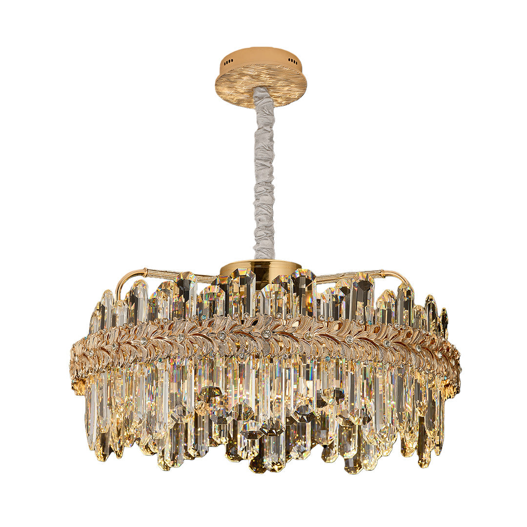Chandelier lamps crystal with crystal pendants and gold trim, reflecting luxury style.