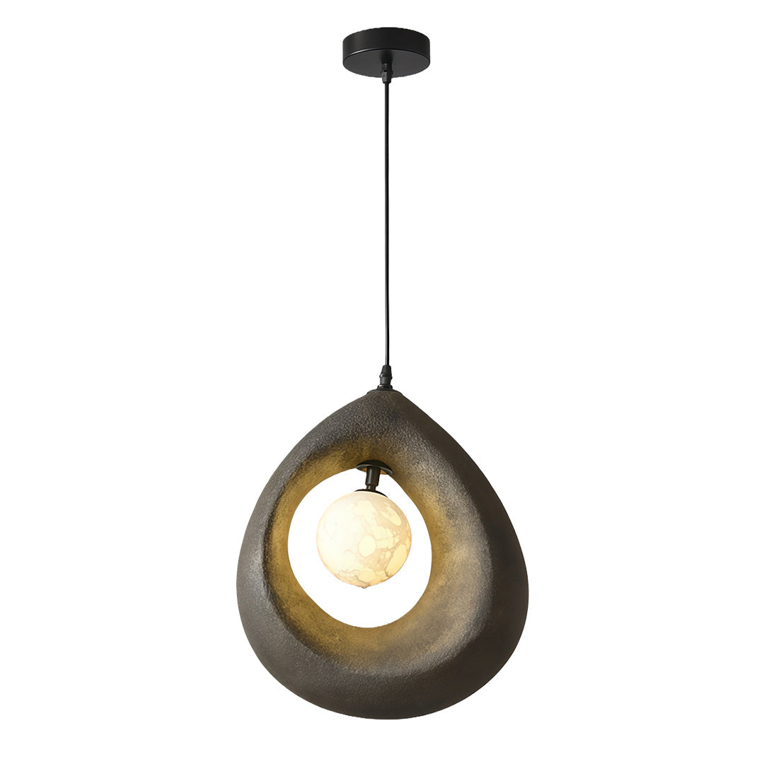 Charcoal statement pendant light with smooth curved design and subtle warm illumination.