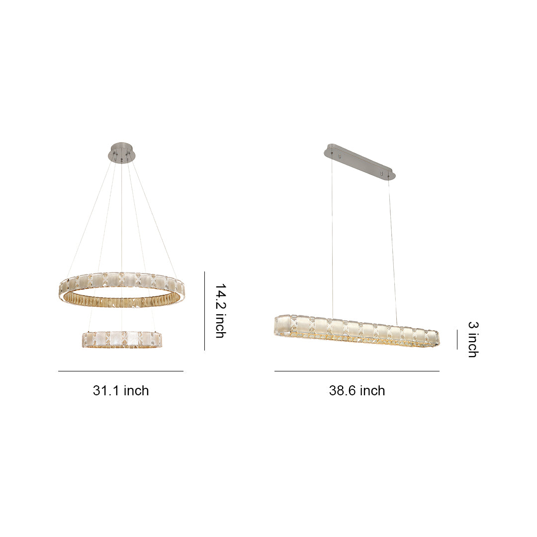 Chrome chandeliers design reference showing round and linear crystal fixtures with polished metal finishes.