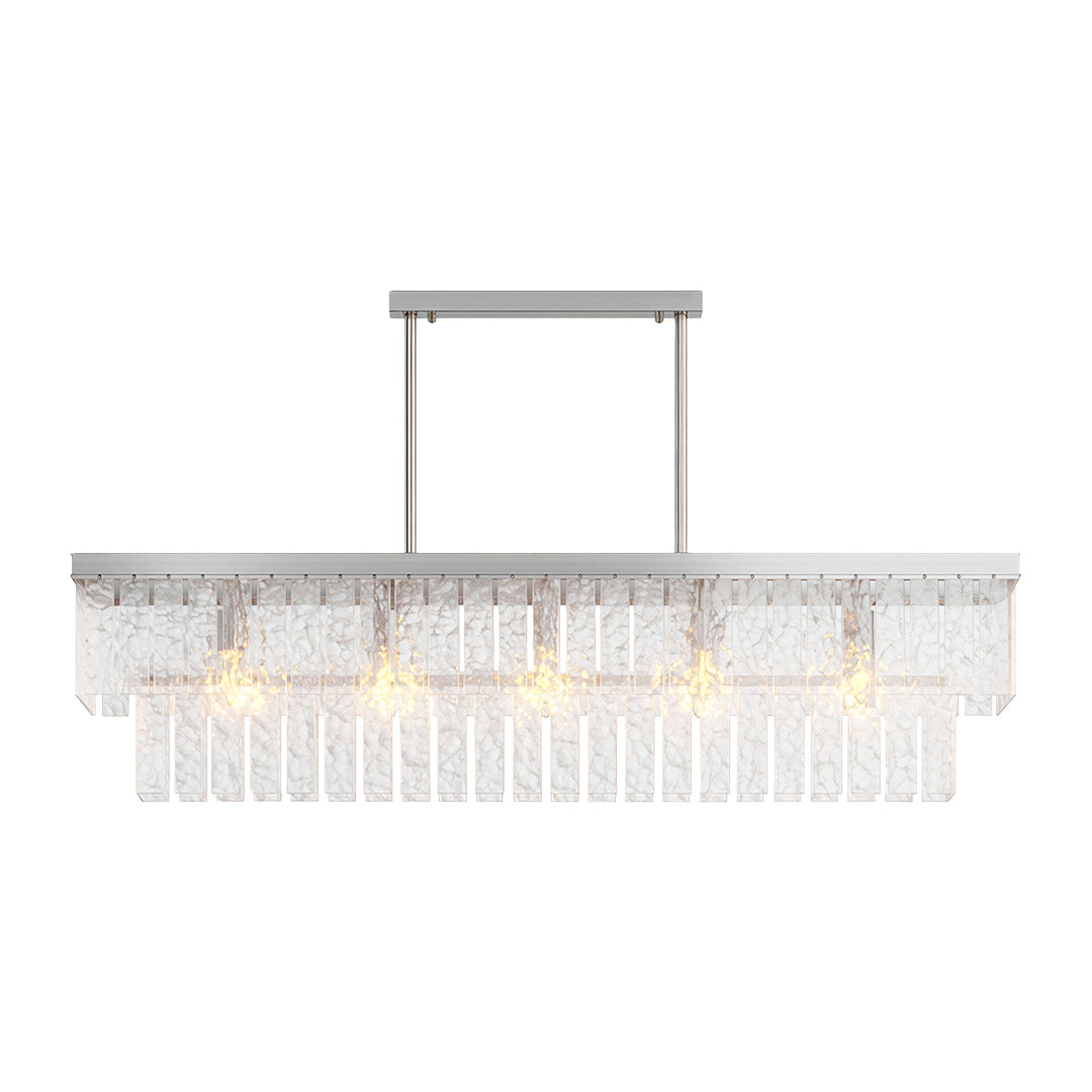 Round modern forms chandelier featuring chrome finish with horizontal crystal glass configuration.