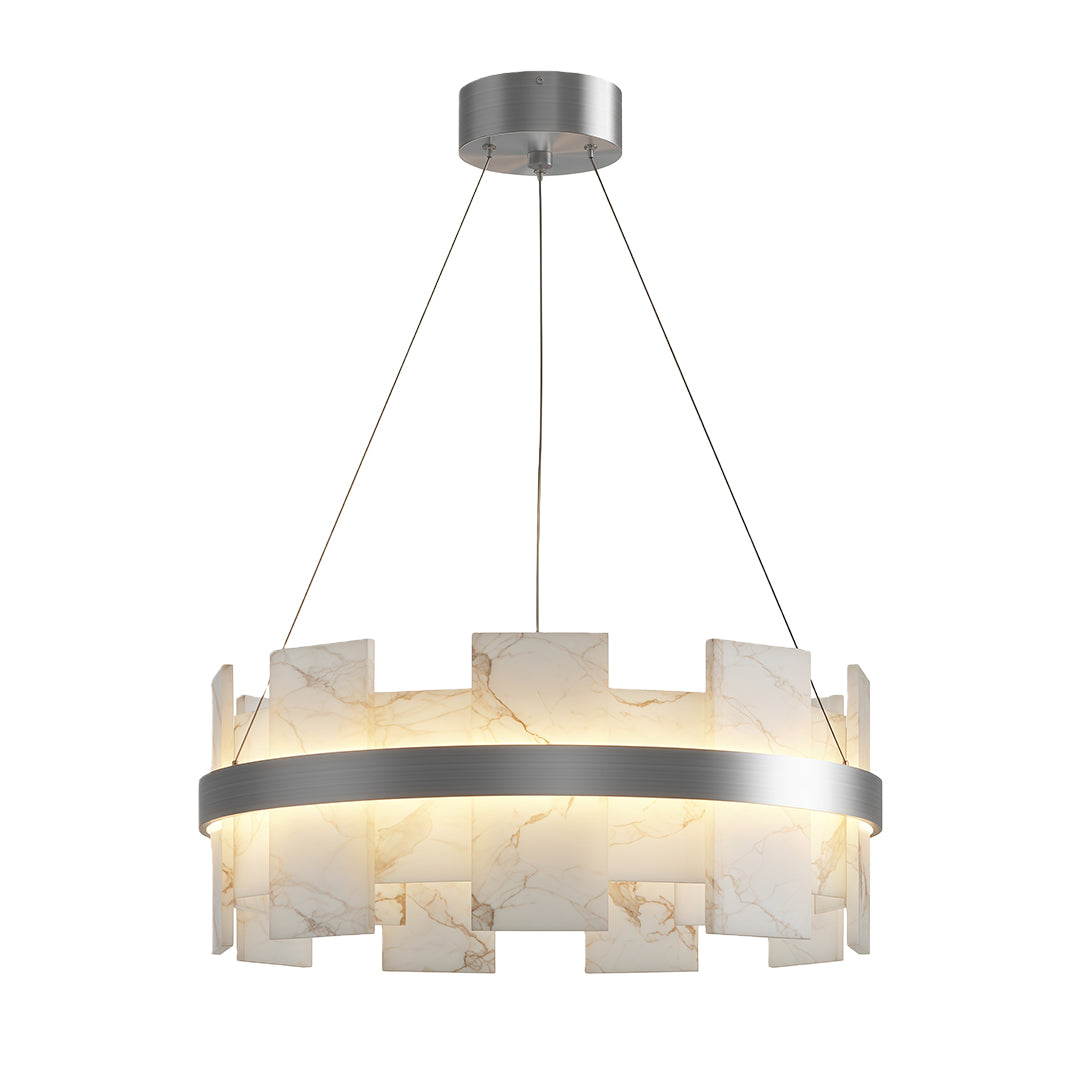 Copper modern chandelier featuring chrome finish with layered translucent panel design